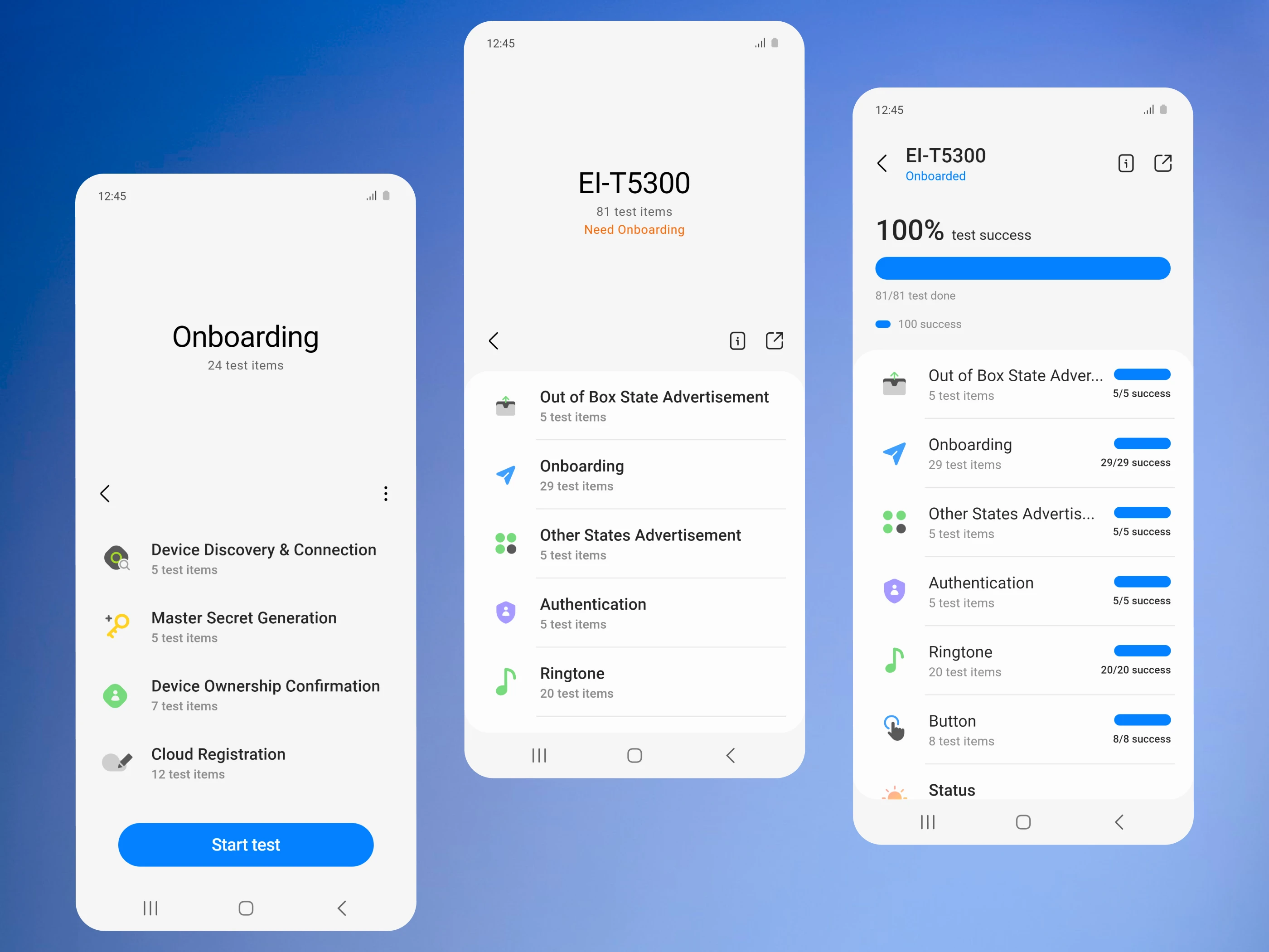 Three screens of onboarding flow